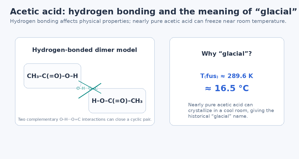 Acetic acid hydrogen bonding and explanation of the term glacial acetic acid