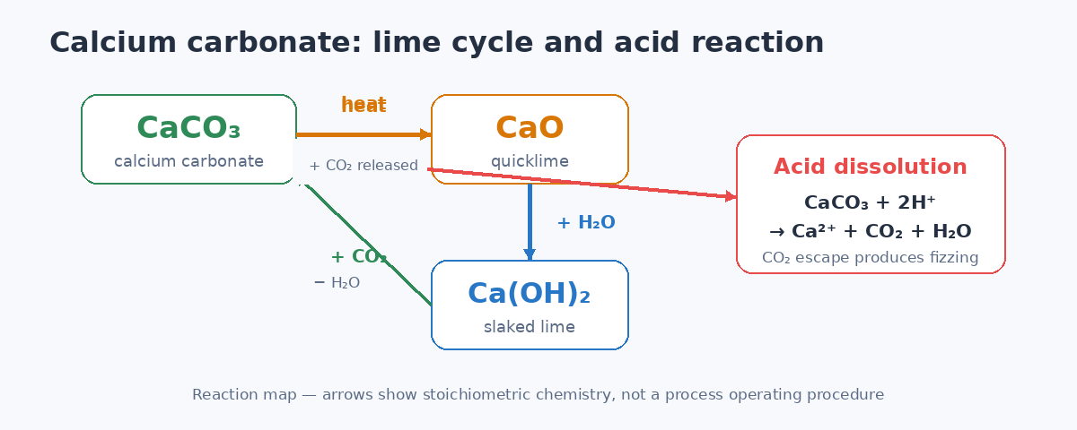 Calcium carbonate lime cycle and carbon dioxide reaction map