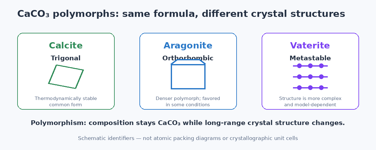 Conceptual comparison of calcite aragonite and vaterite calcium carbonate polymorphs