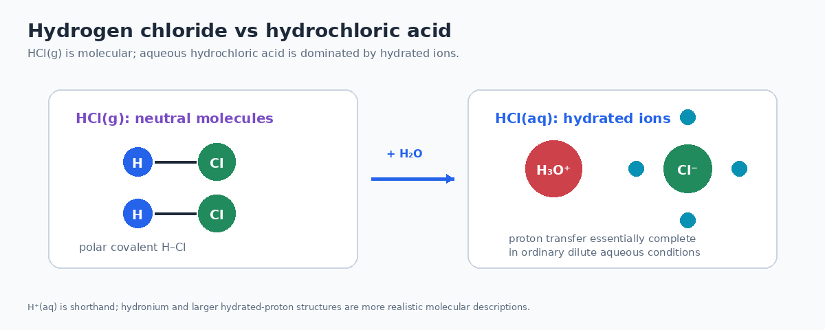 Hydrogen chloride molecules compared with hydrated ions in aqueous hydrochloric acid