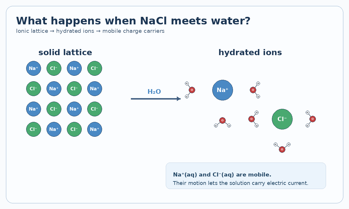 Sodium chloride lattice becoming hydrated sodium and chloride ions in water